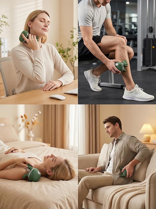 Handheld Electric Massager with Heat 4D Kneading Shoulder and Neck Massager Green Portable Deep Tissue Muscle Relief Brushless Motor