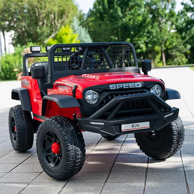 12V 7AH 4WD Kids Ride-On Truck Electric Off-Road Car with Remote &amp Pedal Control LED Lights Music USB Safety Belt 4-Wheel Suspension Adjustable Speeds Outdoor Gift for Boys Girls Red