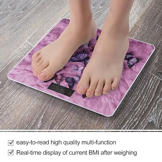 Butterflies are on Purple Background Bathroom Scale Automatic Power On/Off Body Scales LCD Backlight Display Square Digital Scale Rounded Corners Bathroom Scales for Home Bedrooms