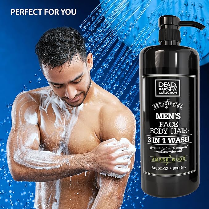 Dead Sea Collection Amber Wood Men’s Body Wash – 3 in 1 Body Wash for Men for Hair Face &amp Body – Moisturizing Shower Gel with Dead Sea Minerals – Pack of 2 (33.8 fl oz each)