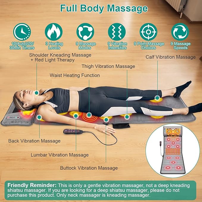 Full Body Massage Mat with Heating Vibration Back Massage Chair Pad with Shiatsu Neck Massage Pillow for Pain Relief 10 Vibration Motors &amp Wired Remote Gifts for Men Women