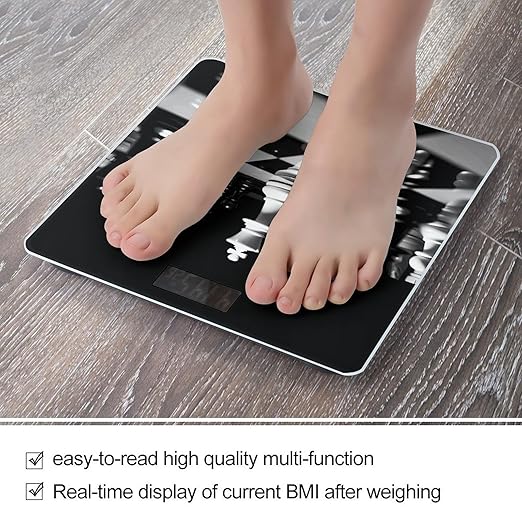 Black and White Chess Scale for Body Weight High Precision Digital Weight Scales with LCD Display Anti-Slip Sturdy Slim Tempered Glass Bathroom Scale for Home Use
