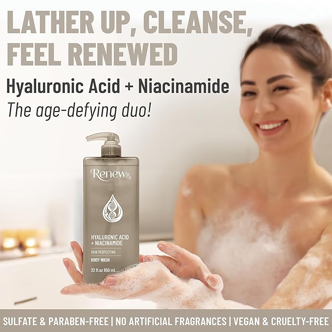 Hyaluronic Acid + Niacinamide Body Wash – Hydrating Skin Care Cleanser for Brightening &amp Skin Perfecting Vegan Skincare 32 fl oz