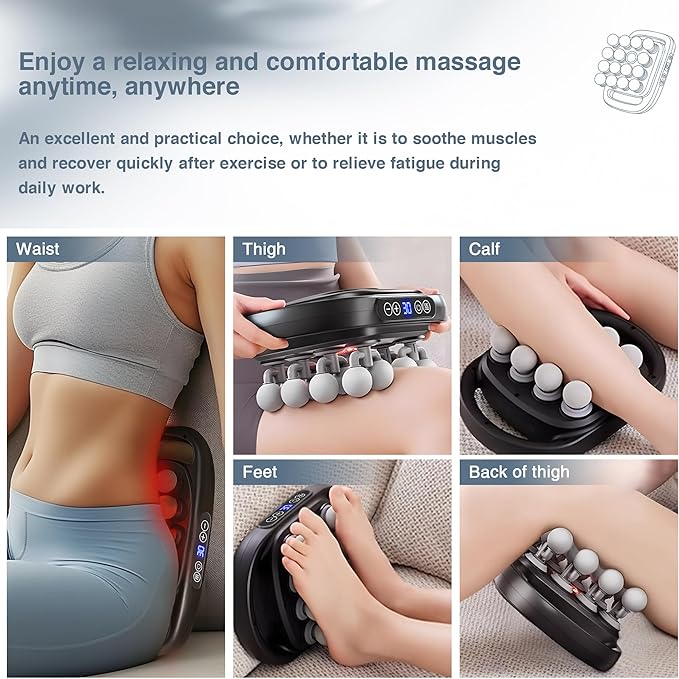 16 Head Massage Gun Deep Tissue Multi-Head Percussion Massager with 30 Speeds &amp 3 Modes Red Light Therapy Muscle Massager for Back Legs Waist Buttocks Quiet Powerful Body Massager Gray