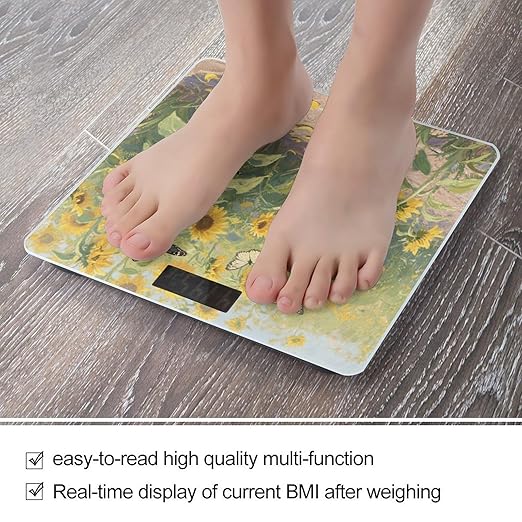Sunflowers Print Bathroom Scale for Body Weight Bathroom Digital Electronic Weighing Scale with Back Lit LED Display Sturdy Tempered Glass Weight Watchers Scales 400lb
