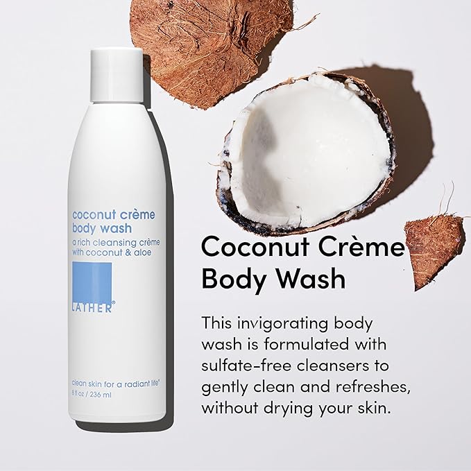 LATHER - Coconut Crème Natural Body Wash 8 fl oz - Shower Gel Cleanser - Gentle Body Soap - Essential Oils - Coconut Oil Aloe Shea Butter - All Skin Types - Vegan Cruelty Free - Beauty &amp Skinc