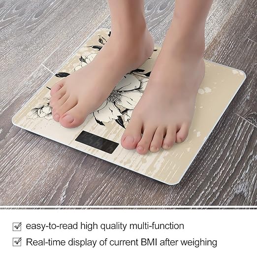Beige Floral Pattern Scale for Body Weight Anti-Slip Tempered Glass Digital Bathroom Scales Clear LCD Display Weighing Scale Safe Rounded Corners Smart Scales