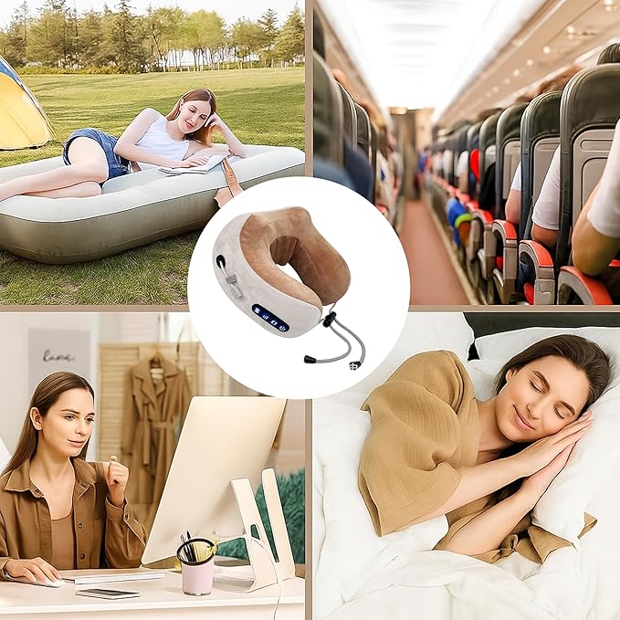 Portable Heated Neck Pillow Massager Rechargeable Electric Cushion with Vibration &amp Warm Compress for Pain Relief Comfort &amp Relaxation – Ideal Gift for Loved Ones (Brown)