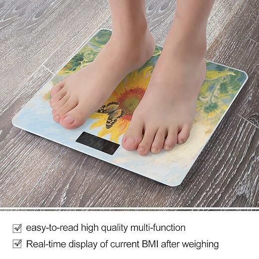 Sunflower Butterfly Weight Scale Cute Bathroom Scale for Body Highly Accurate Digital Weighing Machine for People Compact LCD Display Scales with Sturdy Toughened Glass Scales