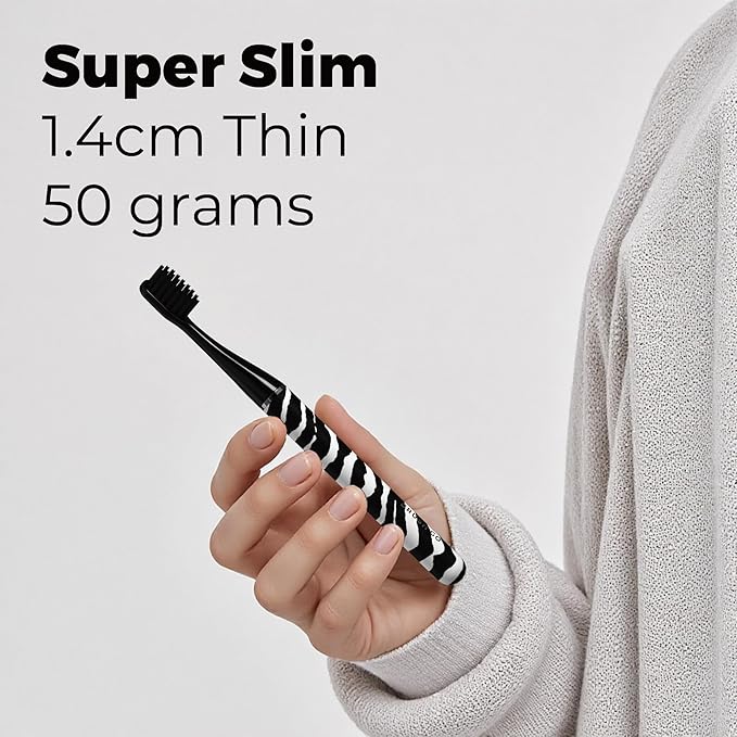 MIPOW Brush GO SlimPro i4 Electric Toothbrush Rechargeable Smart Ultra Sonic 3 Modes Travel Case &amp Ceramic Dock 60Day Battery Soft Bristles 2 Heads IPX7 Waterproof Color-ZebraBold Edition