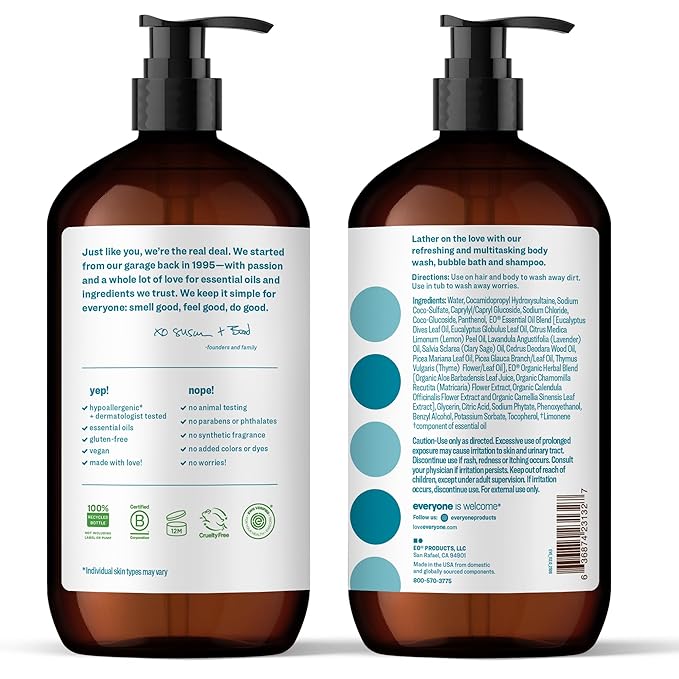 Everyone 3-in-1 Soap Body Wash Bubble Bath Shampoo 32 Ounce (Pack of 2) Pacific Eucalyptus made with Essential Oils for Men and Women