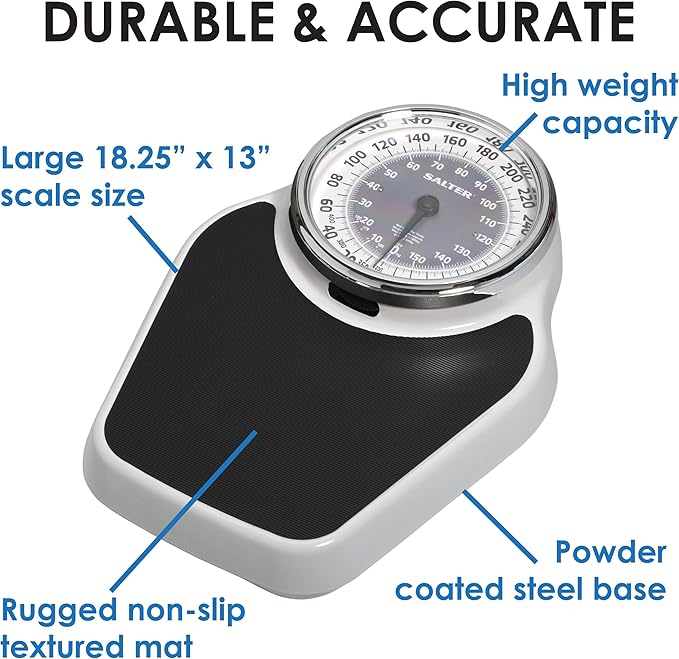 Salter Pro-Helix Professional Oversized Bathroom Scale with Black Vinyl Anti-Slip Bath Mat 400 LB Capacity Analog Scale 18.25 x 13.0 Black/White