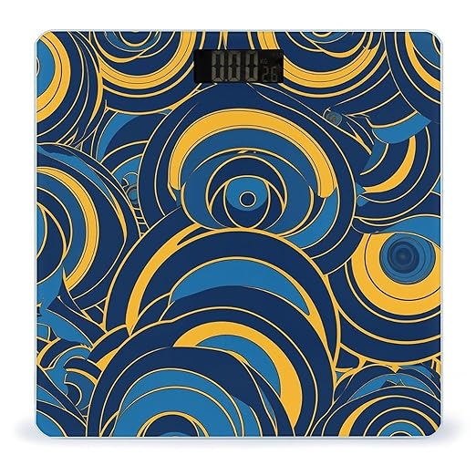 Blue and Yellow Pattern Scale for Body Weight Anti-Slip Tempered Glass Digital Bathroom Scales Clear LCD Display Weighing Scale Safe Rounded Corners Smart Scales