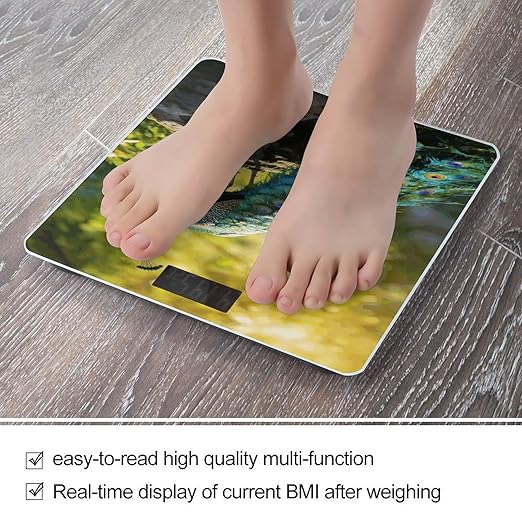 Beautiful Peacock Weight ScaleClear LED Display Bathroom Digital Weighing ScaleTempered Glass Digital Bathroom Scale for Body Weight Capacity Up to 400 Lbs