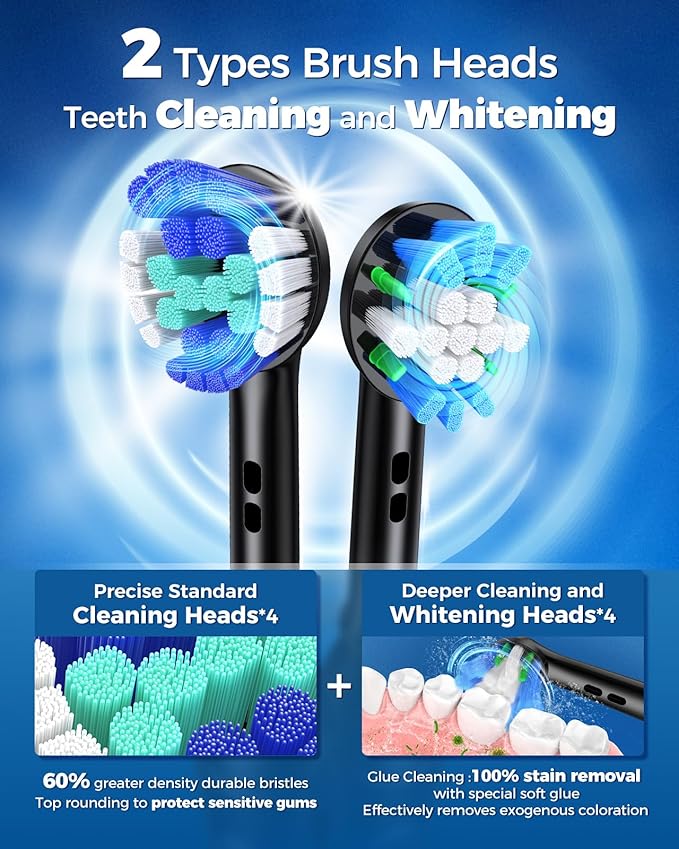 TEETHEORY Rotating Electric Toothbrush for Adults with 8 Brush Heads (2 Types) 4 Modes Deep Clean Electric Toothbrush with Rechargeable Power and 2 Min Smart Timer (1- Black with travelcase)