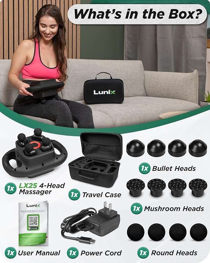 Lunix LX25 FSA 4-Head Percussion Massager with Red and Near-Infrared Light (660nm/850nm) USB Rechargeable Back &amp Body Massager with 4 Modes Adjustable Intensity Includes Storage Case