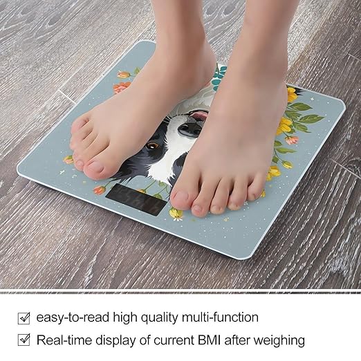 Border Collie Florals Scale for Body Weight Accurate Digital Bathroom Scale Toughened Glass High Precision Scales Smart Weight Scales with Large LCD Backlight Display Weighing Machine