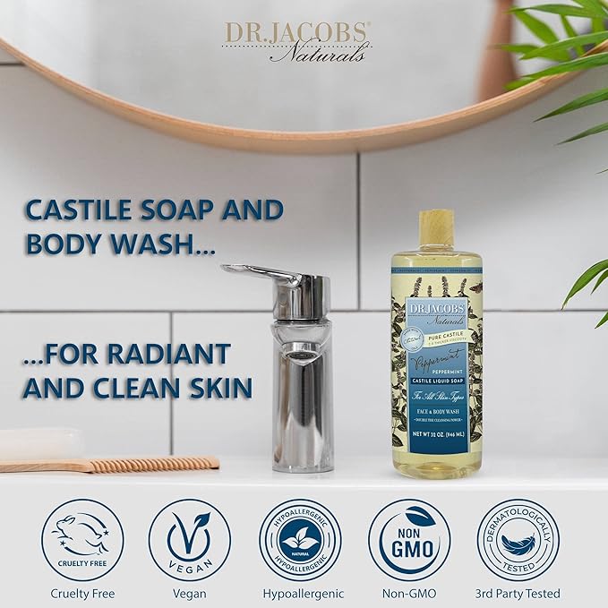 Dr. Jacobs Naturals Pure Castile Soap - All Natural Face And Body Wash - Hypoallergenic and Dermatologist Approved (Charcoal 32 Fl Oz (Pack of 1))