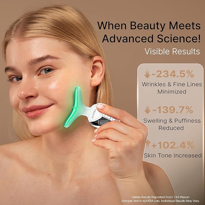 AUVERA 7-in-1 Face &amp Neck Beauty Massager with Light Therapy Heat and Smart Vibration for Wrinkles Fine Lines &amp Skin Tone | Multi-Light Therapy for Lift Radiance &amp Smooth Skin Z1 - Whi