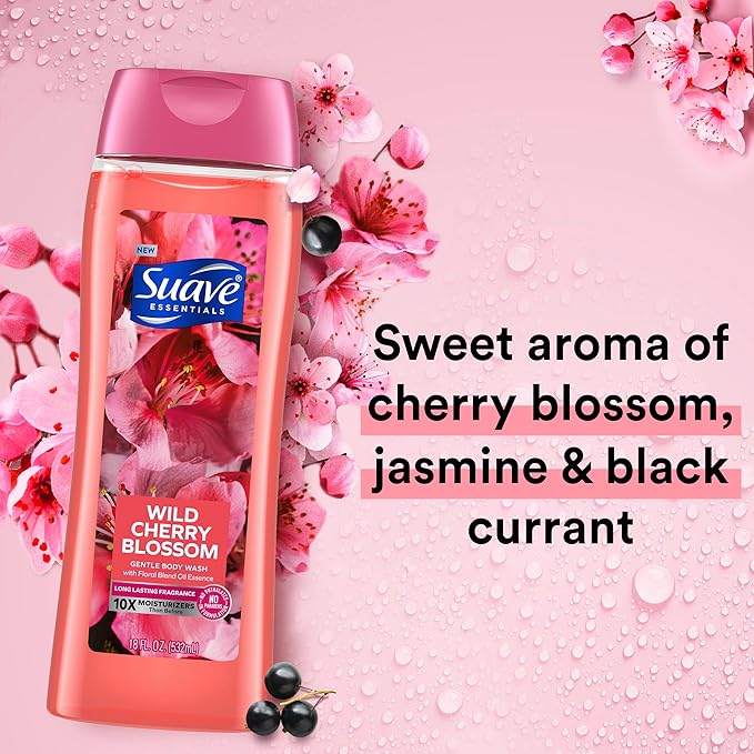 Suave Body Wash Bundle with Wild Cherry Blossom Juicy Apple Vitamin E 18 Oz Packs of 6