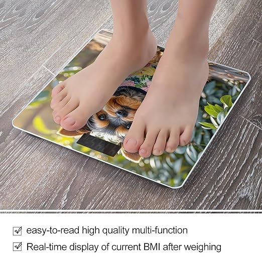 Yorkie Floral Bathroom Scale for Body Weight with High Precision Large LCD Backlight Display Digital Weighing Scale with BMI Capacity Up to 180kg