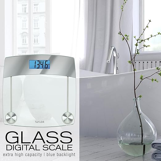 Taylor Digital Scales for Body Weight Extra High 440 LB Capacity Unique Blue LCD Stainless Steel Accents Glass Platform 12.4 x 12.4 Inches Clear