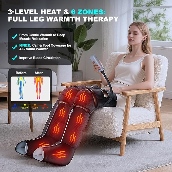 Leg Massager with Heat and Compression Foot Massager for Circulation and Pain Relief 3 Timers 12 Intensity 6 Modes3 Heating with Knee MassagerMother's Day Gifts for Man WomanBlack