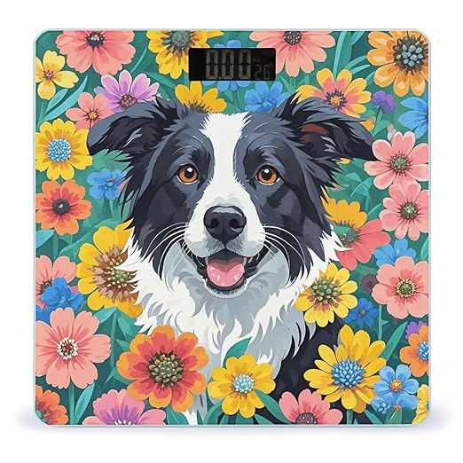 Border Collie Florals Weight Scale Large Digital Bathroom Scales with Bright LED Display Non Slip Digital Scale and Step On Fashion Weighing Machine for Body