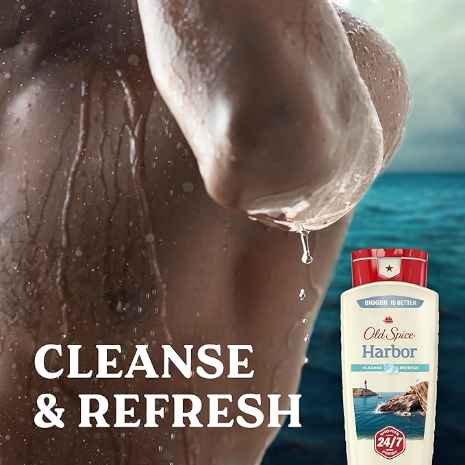 Old Spice Cleansing Body Wash for Men 24/7 Shower Fresh with Lasting Scent Cleanse &amp Refresh Gentle on Skin Vitamin B3 Harbor with Coastal Breeze + Driftwood Scent 18 oz (Pack of 4)