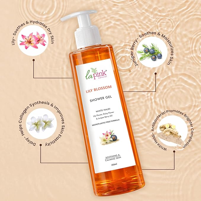 La Pink Lily Blossom Shower Gel with White Haldi &amp Flower Extracts | For Soothing &amp Calming Skin | 100% Microplastic Free Formulation 250 ML