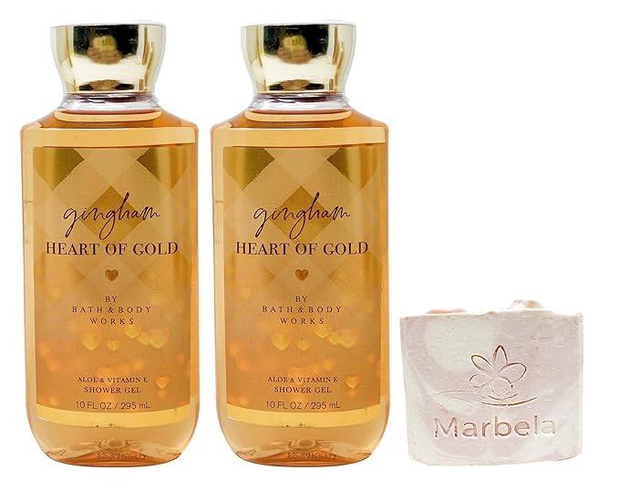Bath &amp Body Works Gingham Heart Of Gold - 2 Pack Of Shower Gel With a Himalayan Salts Springs Bar Soap.