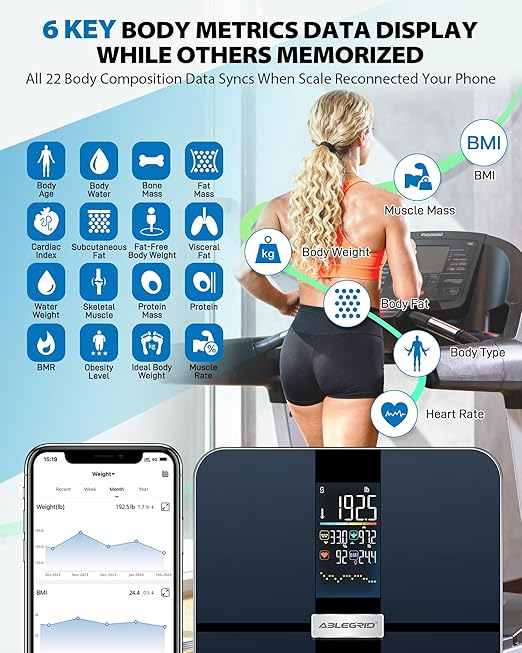 ABLEGRID Smart Body Fat Scale Rechargeable Digital Bathroom Scale for Body Weight Gradient Trends and Difference in Change Display 22 Body Metrics BMI Muscle Mass Heart Rate Water Weight 400lb