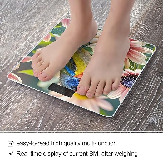 Flowers and Birds Scale for Body Weight Sturdy Tempered Glass Weighing Scales with LCD Display Accurate Digital Bathroom Scale Convenient Body Fat Smart Scales Easy Read