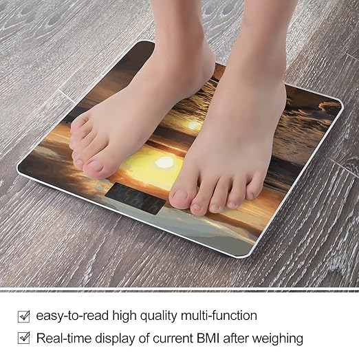 Sunset Ocean Beach Scale for Body Weight Anti-Slip Sturdy Tempered Glass Weighing Machine Highly Digital Accurate Bright LCD Bathroom Scale for Household Gift