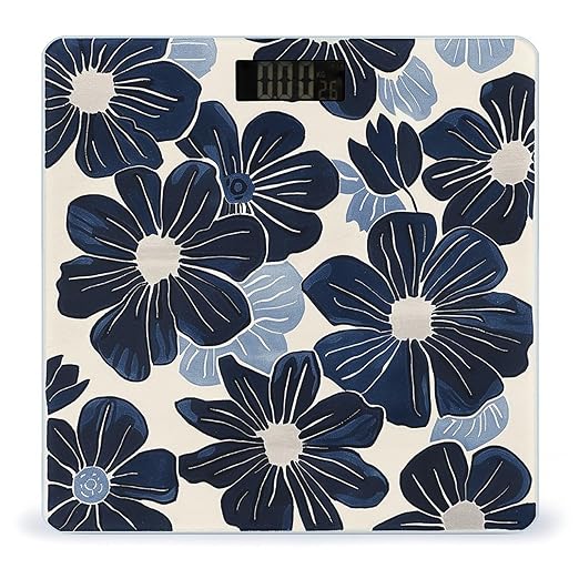 Navy Blue Flowers Scale for Body Weight Sturdy Tempered Glass Weighing Scales with LCD Display Accurate Digital Bathroom Scale Convenient Body Fat Smart Scales Easy Read