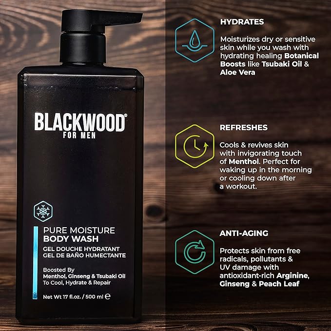 Blackwood For Men Body (17 oz) &amp Face Wash (7.41 oz) Bundle - for Sensitive Skin Workout Recovery Deep Cleansing Acne - Infused with Ginseng Menthol Charcoal &amp Clay - Sulfate Free Parabe
