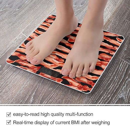 Bacon Pattern Scale for Body Weight High Precision Digital Weight Scales with LCD Display Anti-Slip Sturdy Slim Tempered Glass Bathroom Scale for Home Use