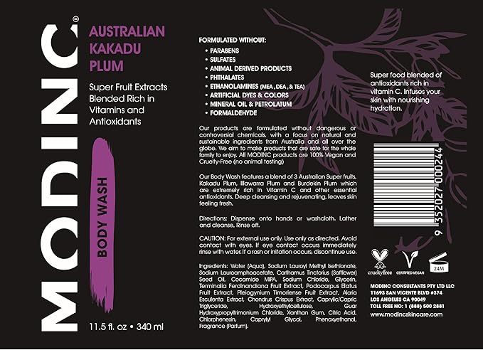 Modinc Luxury Body Wash Australian Kakadu Plum Formula Super Fruit Extracts Blended Rich in Vitamins and Antioxidants Vegan Cruelty Free Pump 11.5 Ounces