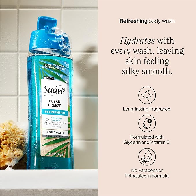 Suave Ocean Breeze Moisturizing Body Wash with Glycerin &amp Vitamin E Hydrating Formula For Soft Smooth Skin Long Lasting Fragrance 18 FL OZ 6 Count
