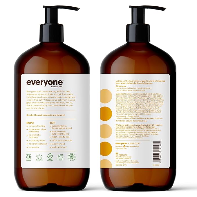 Everyone 3-in-1 Soap Body Wash Bubble Bath Shampoo 32 Ounce (Pack of 2) Coconut and Lemon Coconut Cleanser with Plant Extracts and Pure Essential Oils &amp Mighty Conditioner 12 OZ