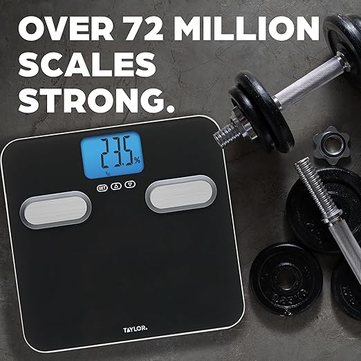 Taylor Men's Body Composition Bathroom Scale for Body Weight - 400 lb Capacity Blue Backlight Display 10-User Profiles Body Composition Analysis Fits Up to Size 12 Shoe Black
