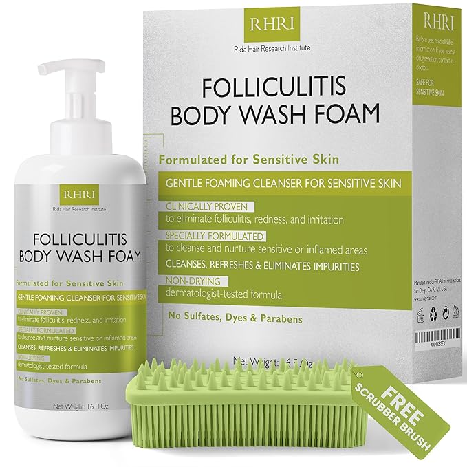 Folliculitis Treatment Folliculitis Body Wash Sensitive Skin | Foaming Cleanser for Redness &amp Irritation with No Sulfates Dyes or Parabens | Body Wash Includes Bonus Scrubber Brush
