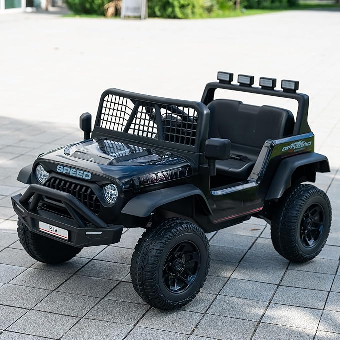 12V 7AH 4WD Kids Ride-On Truck Electric Off-Road Car with Remote &amp Pedal Control LED Lights Music USB Safety Belt 4-Wheel Suspension Adjustable Speeds Outdoor Gift for Boys Girls Black
