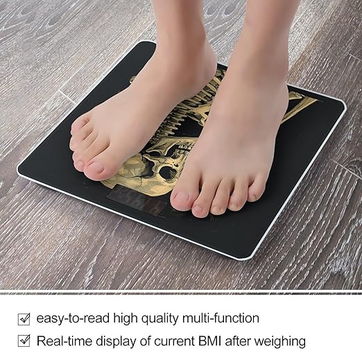 A Skeleton with Burning Cigarette Scale for Body Weight Safe Rounded Corners Tempered Glass Digital Bathroom Scale LED Display 400lb Capacity Weight Scales with High Precision Sensors