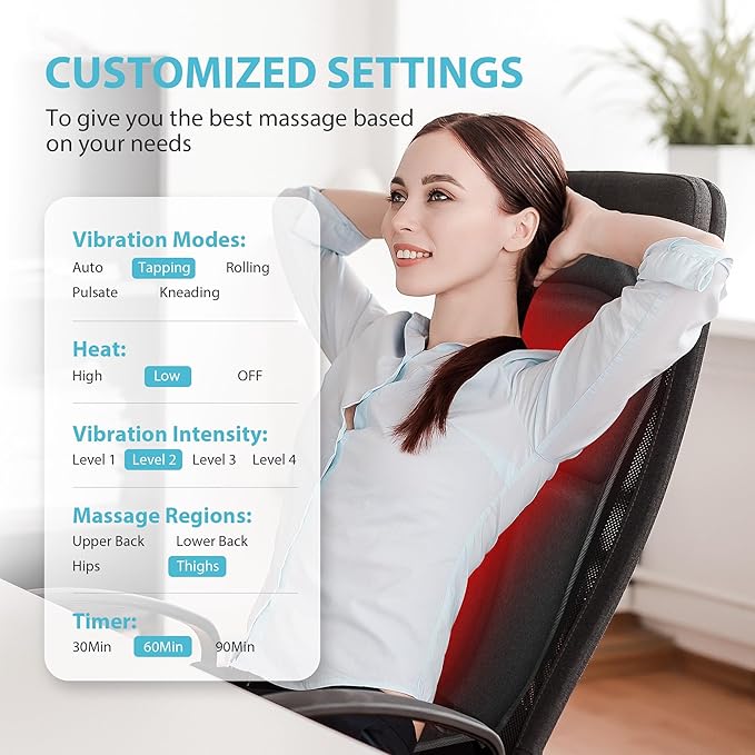 Back Massager Chair Pad Back Massager with Heat 5 Vibration Modes &amp 2 Heat Levels Massage Seat Cushion Electric Massage Pad for Back Pain Relief Christmas Gifts for Dad Men Mom Women