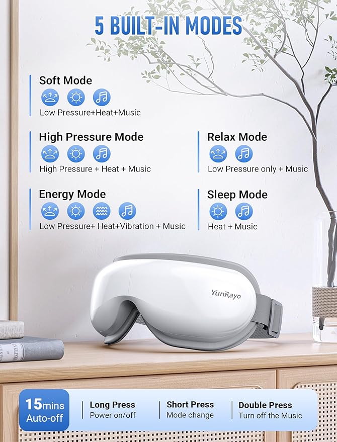Eye Massager with Bluetooth Music Heating &amp Vibration-Wireless Massage Mask for Relieving Dry Eyes Eye Strain &amp Headaches Promote Sleep 180° Foldable Travel Office Users