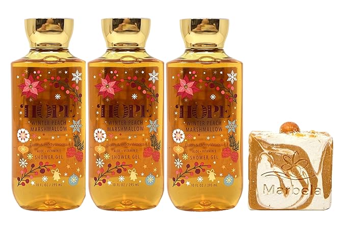 Bath &amp Body Works Hope Winter Peach Marshmallow - 3 Shower Gel - with a Peach Gardenia Soap.
