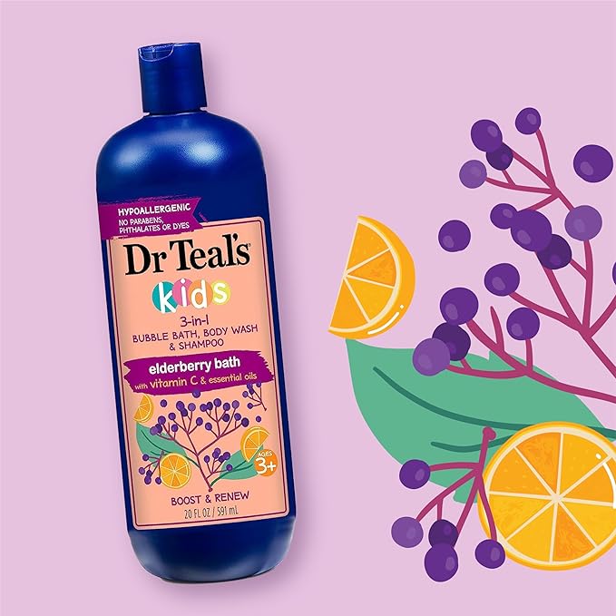 Dr Teal's Kids 3-in-1 Bubble Bath Body Wash &amp Shampoo with Melatonin &amp Essential Oils Boost &amp Renew Elderberry with Vitamin C