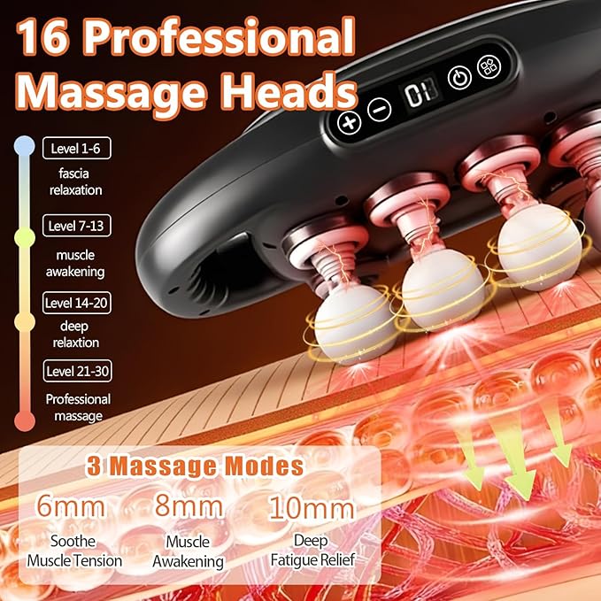 16-Head Massage Gun-Professional Deep Tissue Massager for Thighs Arms Waist Back Muscle Tension Relief Electric Percussion Massage Gun with 3 Modes &amp 30-Speed Touch Screen Adjustment