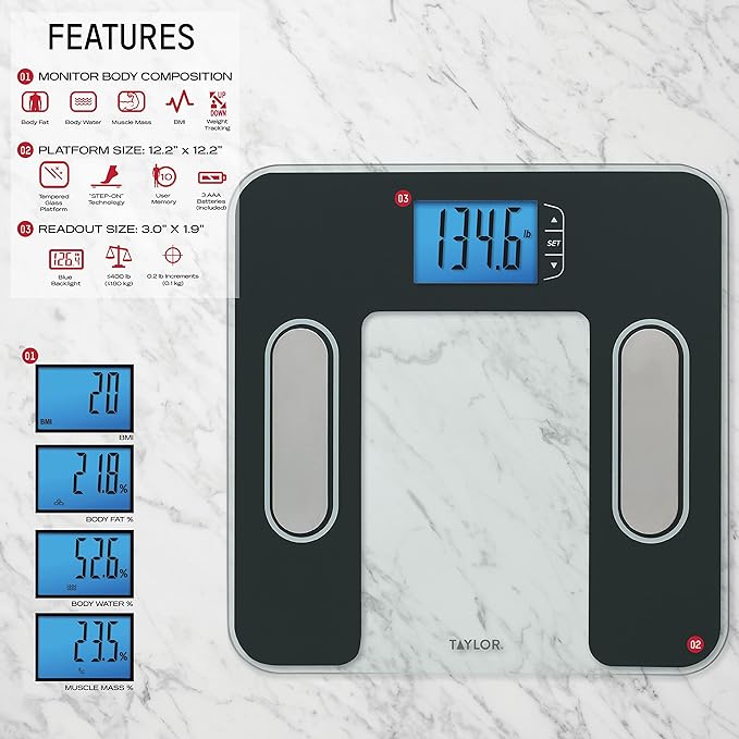 Taylor Digital Glass Body Composition Scale Bathroom Scale for Body Weight Measures Body Fat Body Water Muscle Mass and BMI 10-User Recognition FSA HSA Eligible 400 lb Capacity White and Black
